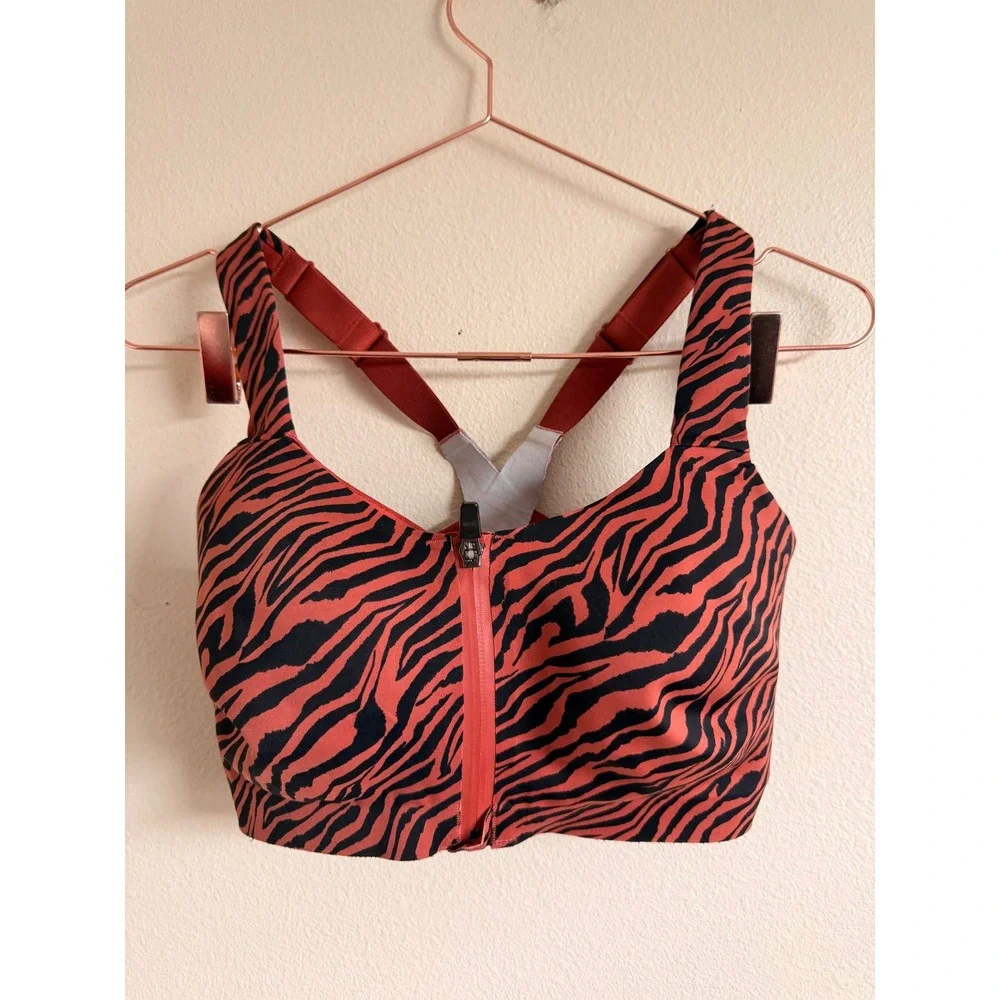 Victoria's Secret Sports Bra 34DDD Orange Zebra Front Zip Strappy High Impact
